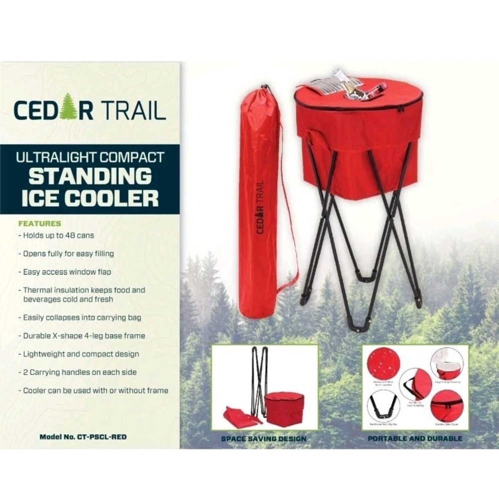 Cedar Trail Standing Ice Cooler 48 Can Portable Folding Travel Red CT-PSCL-RED